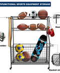 Go-To Heavy Duty Carbon Steel Sports Equipment Storage Cart With 2 Baskets And 2 Locking Wheels Large Mesh Bins filled with various sports gear including balls, a skateboard, and gloves.