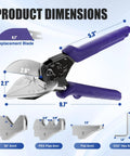 Versatile Miter Shears With Four Dedicated Cutting Slots For Hella Accurate Trim Work And Quarter Round Corners Built Dang Solid, showing dimensions and replacement blade.