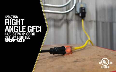 Woods GFCI Outdoor Extension Cord 14/3 SJTW 6 Foot Right Angle Plug Lighted Receptacle Heavy Duty Yellow on jobsite table