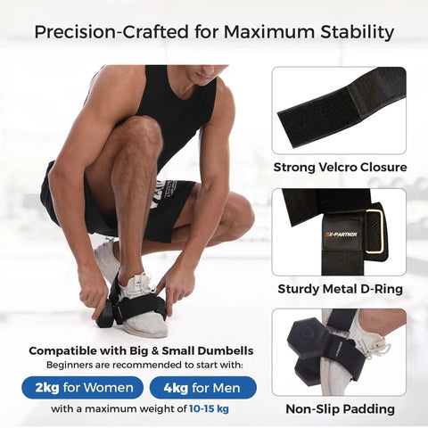 Monkey Foot Dumbbell Attachment for glute kickbacks and leg workouts in use with adjustable ankle strap and dumbbell