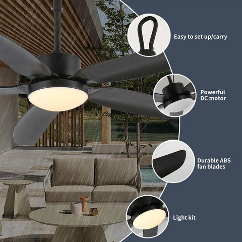 52 inch Outdoor Ceiling Fan with Light, IP65 Waterproof, 6 Speed Remote installed in an outdoor patio with durable ABS blades.