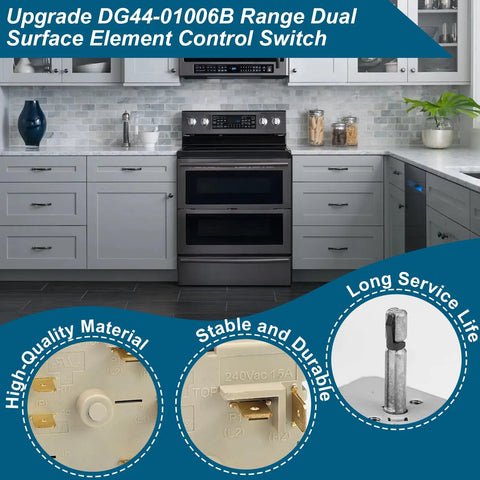 Dual Infinite Switch Replacement for Range Oven Surface Control in gray kitchen with close-up of switch components