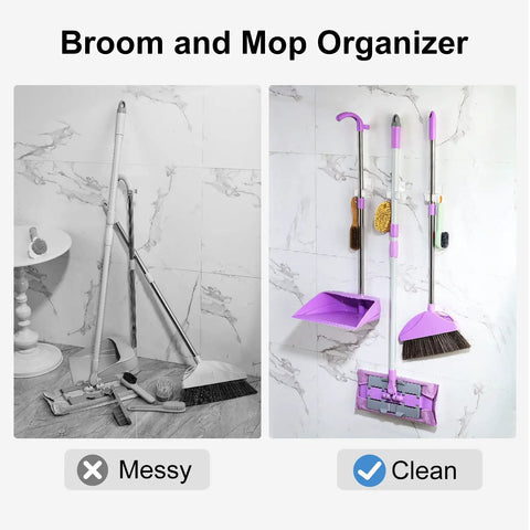 Two Pack Adhesive Broom And Mop Holder With Rubber Grips, wall mount organizer in use, organized cleaning tools displayed in clear setup
