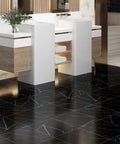 Black Peel And Stick Floor Tiles 12x12 Inch 32 Count Self Adhesive Vinyl Faux Wood Grain Waterproof Flooring in modern bathroom