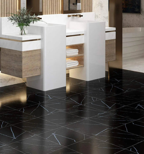 Black Peel And Stick Floor Tiles 12x12 Inch 32 Count Self Adhesive Vinyl Faux Wood Grain Waterproof Flooring in modern bathroom