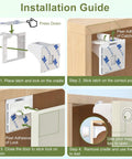 Installation guide for Magnetic Cabinet Locks For Baby Proofing, 12 Pack With 3 Keys, showing adhesive install steps and lock use.