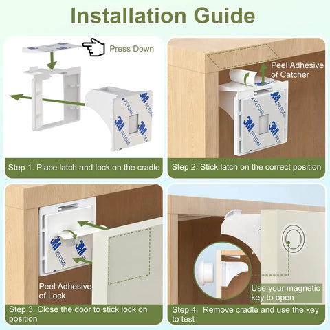 Installation guide for Magnetic Cabinet Locks For Baby Proofing, 12 Pack With 3 Keys, showing adhesive install steps and lock use.