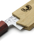 Magnetic Wood Saya Cover for Gyuto Knife 8.25 Inch Blade Protector 210mm with safety pin showing sheath and blade fitting