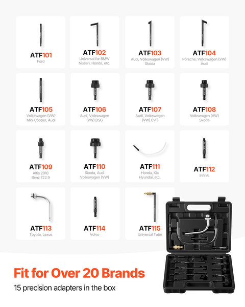 15 adapters for Pneumatic Transmission Fluid Pump 8 L Oil Fluid Extractor And ATF Refill Dispenser With HDPE Tank, displayed in case