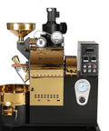 Side view of Commercial Drum Coffee Roaster Machine With Digital Temperature Control And Rapid Cooling System for cafe use.