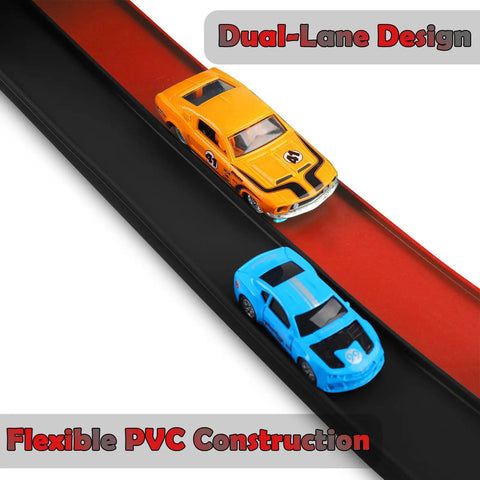Flexible 15 Ft Race Track Starter Set With Strong Suction Cups For Kids 3 Plus Roll Up Track showing dual-lane design with cars