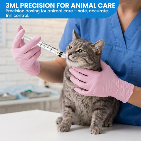 3ml Luer Lock Refilling Syringe Kit 23G 1 Inch Disposable used by vet in blue scrubs with gloves administering liquid to a cat