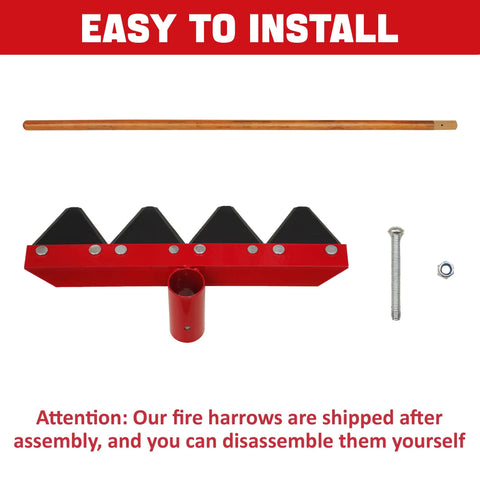 Disassembled Built Tough Fire Rake With 55 Inch Wood Handle For Wildland Firefighting And Garden Cleanup, Durable Rake Tool, Red
