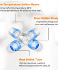 Diagram of 520 Piece Solder Seal Wire Connectors Kit with labels highlighting dual walled design and heat shrink tube features.