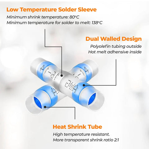 Diagram of 520 Piece Solder Seal Wire Connectors Kit with labels highlighting dual walled design and heat shrink tube features.