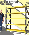 Heavy Duty Four Tier Steel Shelving Unit With 5000 Lb Capacity Adjustable Industrial Storage Rack For Garage Workshop And Warehouse Yellow And Black Metal Shelving For Max Organization And Easy Assembly displayed with a man for scale