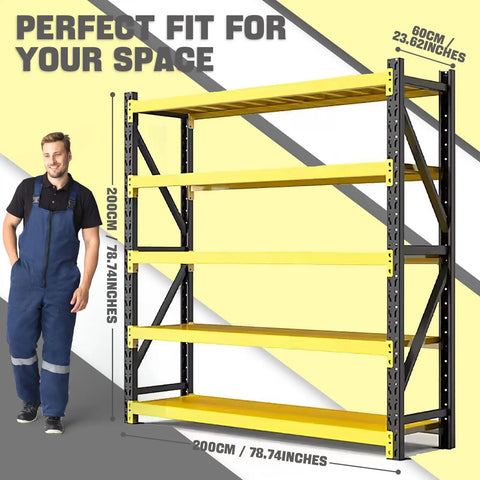 Heavy Duty Four Tier Steel Shelving Unit With 5000 Lb Capacity Adjustable Industrial Storage Rack For Garage Workshop And Warehouse Yellow And Black Metal Shelving For Max Organization And Easy Assembly displayed with a man for scale