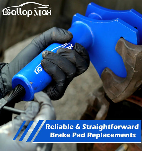 Gloved hands using Beefy Pro Grade Multi Piston Brake Caliper Compression Tool For Cars And Trucks Heavy Duty Caliper Press.