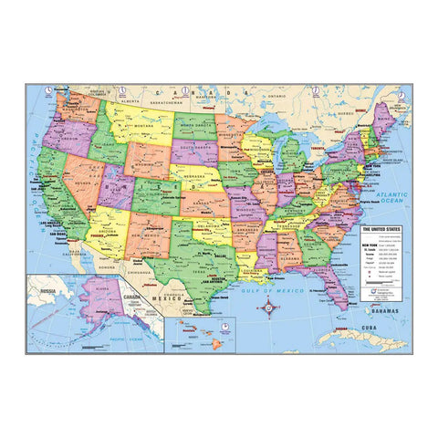 Two Sided United States And World Desk Map 13 By 18 Laminated For Students, US map side with colorful states shown