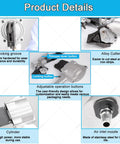 Commercial Pneumatic Strapping Machine Kit With A Lightweight Split Body Frame And One Hand Dial For No Sweat Steel Banding Action Plus Smooth Operator Auto Seal For Big Box Retail And Construction Packing Needs, showing adjustable buttons and alloy cutter.