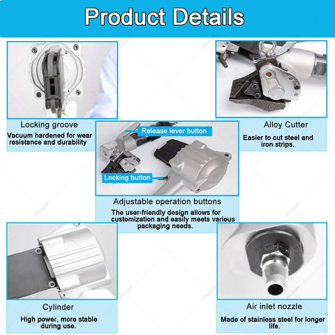 Commercial Pneumatic Strapping Machine Kit With A Lightweight Split Body Frame And One Hand Dial For No Sweat Steel Banding Action Plus Smooth Operator Auto Seal For Big Box Retail And Construction Packing Needs, showing adjustable buttons and alloy cutter.