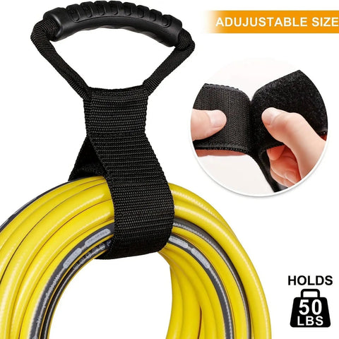 Versatile 17 Inch Adjustable Black Nylon Storage Strap With Ergonomic Handle For Cords Garden Hoses Swimming Gear And Garage Tools Heavy Duty Organizer With Strong Velcro For Reusable Easy Grab And Go Neat Storage holding yellow hose