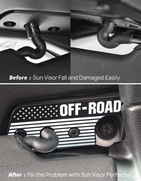 Before and after using Jeep Sun Visor Repair Kit With Aluminum Alloy Clips For Wrangler JL JK Gladiator, secure fit vs drooping.