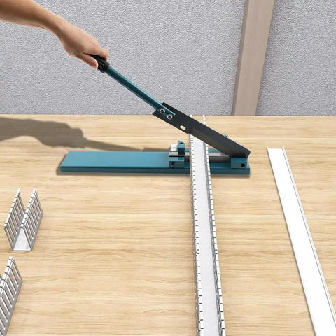Professional Manual Cable Duct Cutting Tool for Precision PVC Trunking and Din Rail Work, shown cutting a PVC duct.