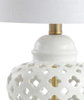White Pierced Ginger Jar Ceramic LED Table Lamp With Dope Modern Glam Quatrefoil Fretwork, 20.5 Inch Tall White Linen Shade