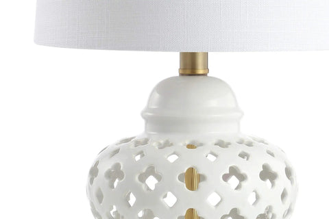 White Pierced Ginger Jar Ceramic LED Table Lamp With Dope Modern Glam Quatrefoil Fretwork, 20.5 Inch Tall White Linen Shade