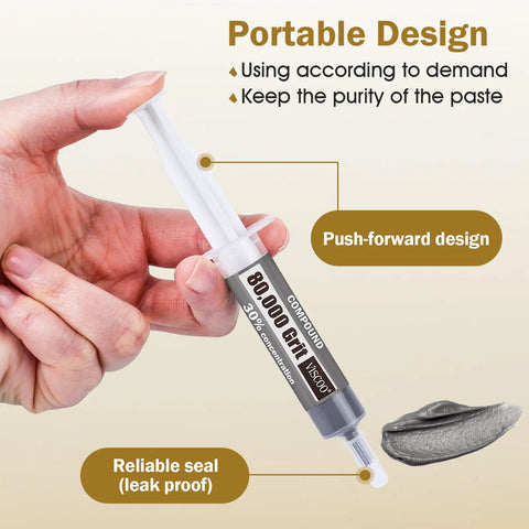Person holding syringe of 8 Pack Diamond Polishing Compound Set Pro Grade With 30 Percent Diamond Powder, Grit From 80000 To 30000