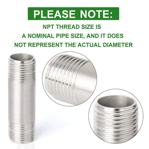 Stainless Steel 304 Nipple Pipe Fittings Three Eighths Inch Male NPT To Three Eighths Inch Male NPT Two Inch Length close-up.