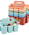 Plastic Classroom Caddy With Handle Six Pack 4 Compartment Desk Organizer in pastel colors with art supplies