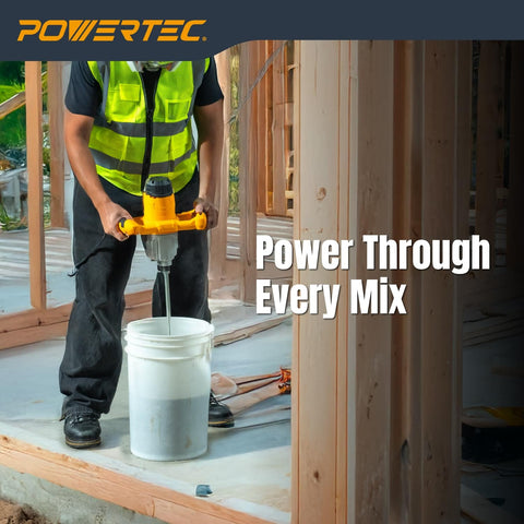 Worker using Electric Mortar Mixer Dual Handheld Design 1600W High Torque Two Speed Gearbox 3 Blade Spiral Paddle on concrete mix