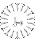 Top Shelf 200 Piece Pack Of Size Six By Half Inch Phillips Countersunk Flat Head Wood Screws Heavy Duty 304 Stainless Steel Self Tapping Fasteners arranged in circle.