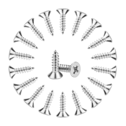 Top Shelf 200 Piece Pack Of Size Six By Half Inch Phillips Countersunk Flat Head Wood Screws Heavy Duty 304 Stainless Steel Self Tapping Fasteners arranged in circle.