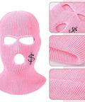 Three Hole Knit Balaclava Ski Mask For Winter, full face cover with embroidery, cozy windproof design, one size pink