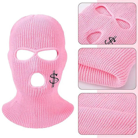 Three Hole Knit Balaclava Ski Mask For Winter, full face cover with embroidery, cozy windproof design, one size pink