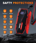 Powerful 5000A Jump Starter Pack For Cars And SUVs, 12V Lithium Battery Booster with LED display, cable, safety icons.