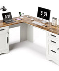 67 Inch Farmhouse L Shaped Standing Desk With Drawers And Fast Charging Station, Lockable File Cabinet, Wood Writing Desk For Your Home Office Go To Desk For Study Or Work, White with computer setup