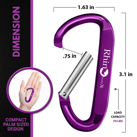 Purple carabiner from the Lightweight Aluminum Snap Carabiner Set, 8 Pack D Ring Clip Style With 8 Keyrings, shown with dimensions