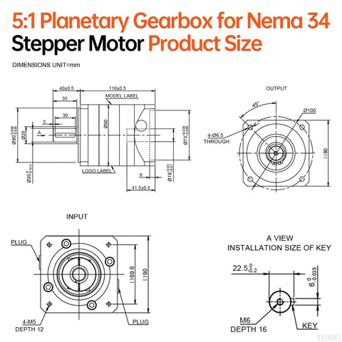 YEJMKJ 5:1 planetary gearbox for NEMA 34 stepper motor; front, side and top views with shaft and mounting details.