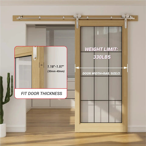Six Foot Sliding Barn Door Hardware Kit With Stainless Steel Track For A Single Door Ultra Smooth And Quiet Operation Fits 36 Inch Panels Y Shape Hangers Supports Up To 220 Lbs Includes Track Hangers Rollers Connector shown installed