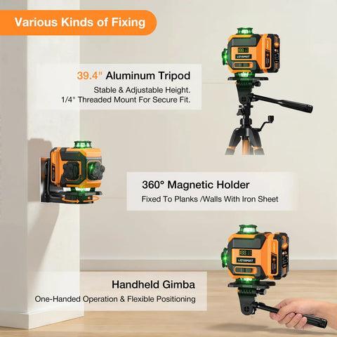 Self Leveling 4x360 Green Cross Line Laser Level With Tripod Mount For Real Deal Room Layout, Dual 360 Degree Horizontal And Vertical Lines, Quick Alignment For Walls Floors Ceilings And DIY Projects on tripod and wall mount