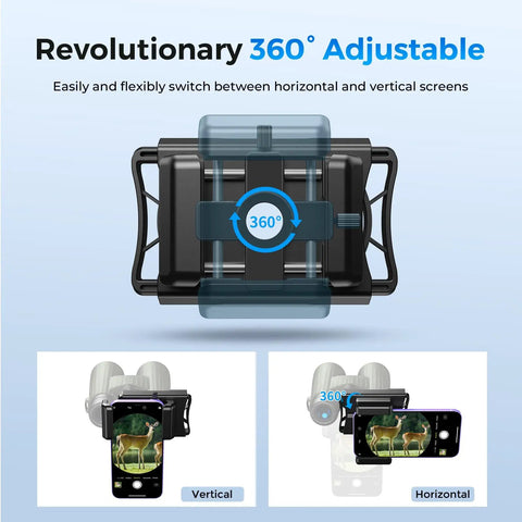 360 Degree Rotating Telescope Phone Adapter showing adjustable mount for Android and iPhone with horizontal and vertical views