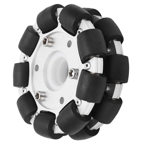 100mm double aluminum omni wheel with rubber rollers for robots, close-up view, 360° movement, 30 kg load