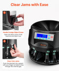 Heavy Duty US Coin Counter Sorter And Wrapper Machine Handles 5 Denominations showing jam clearance process, user-friendly design.