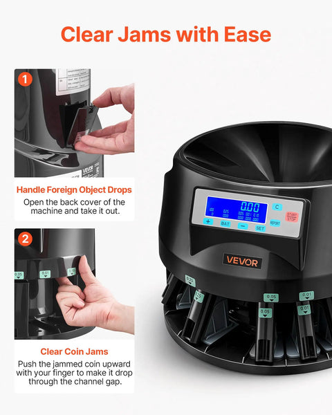 Heavy Duty US Coin Counter Sorter And Wrapper Machine Handles 5 Denominations showing jam clearance process, user-friendly design.