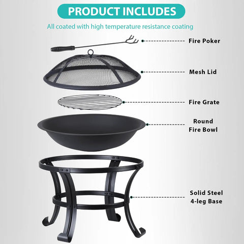 Exploded view of 22 Inch Portable Fire Pit For Outdoor Wood Burning Steel Construction With Lightweight Grill Fire Pit Bowl Log Grate And Poker