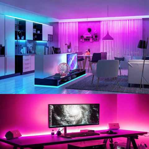 Smart RGB Led Strip Lights For Bedroom 100 Ft With Music Sync Remote 40 Key WiFi and Bluetooth highlighting colorful ambience.